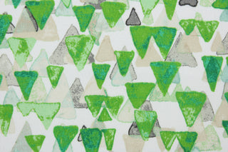  Reef Point features layered cascading triangles in shades of green, tan and gray against a white background.  It is perfect for any project where the fabric will be exposed to the weather.  Able to resist stains and water and can withstand 500 hours of direct sunlight.  Strong and durable with a rating of 51,000 double rubs.  Uses include cushions, tablecloths, upholstery projects, decorative pillows and craft projects. This fabric has a slightly stiff feel but is easy to work with.  