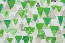 Load image into Gallery viewer,  Reef Point features layered cascading triangles in shades of green, tan and gray against a white background.  It is perfect for any project where the fabric will be exposed to the weather.  Able to resist stains and water and can withstand 500 hours of direct sunlight.  Strong and durable with a rating of 51,000 double rubs.  Uses include cushions, tablecloths, upholstery projects, decorative pillows and craft projects. This fabric has a slightly stiff feel but is easy to work with.  
