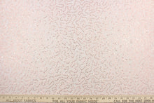 Load image into Gallery viewer, This lace features a sequin floral design in a  light pink with a stretch. 
