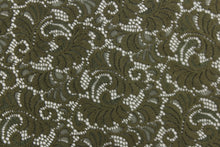 Load image into Gallery viewer, This lace features a ornamental design in a rich army green with a stretch. 
