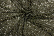 Load image into Gallery viewer, This lace features a ornamental design in a rich army green with a stretch. 
