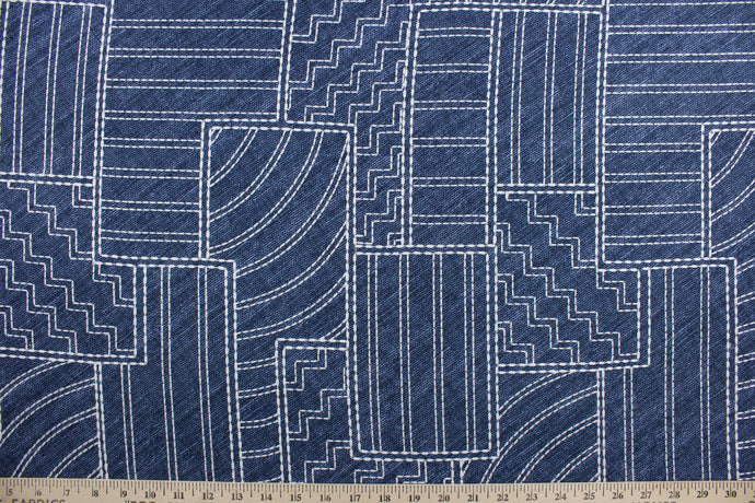  Kathu is an embroidered fabric featuring a geometrical design in midnight blue and white.  It is stable and durable with 18,000 double rubs.  Uses include drapery, pillows, light upholstery, table runners, bedding, headboards, home décor and apparel. 