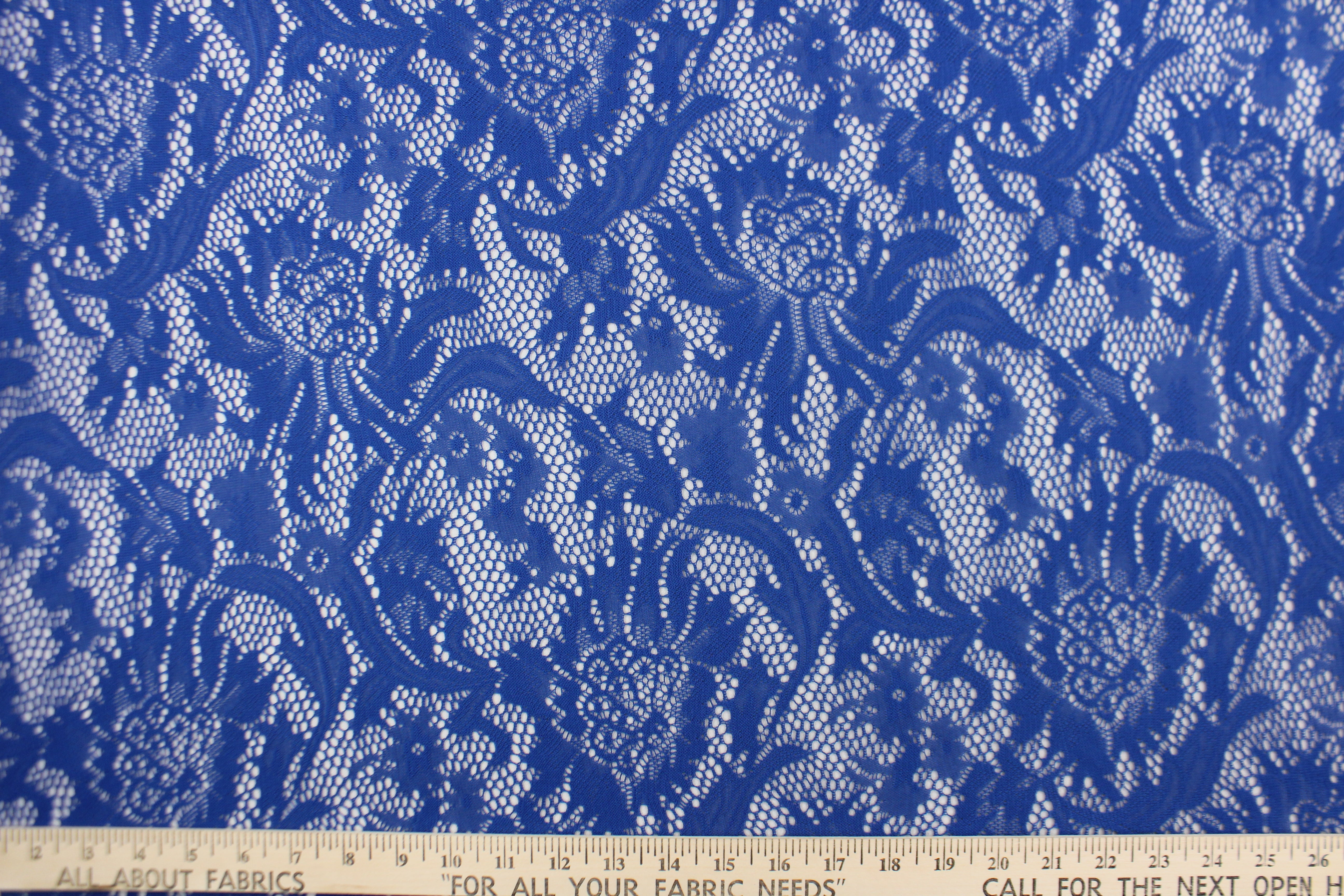 Cyan Blue Stretch Lace Fabric, Rose Floral Pattern, Special Occasion, By  The Yard