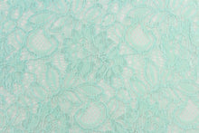 Load image into Gallery viewer, This lace features a floral design in a beautiful mint green with a stretch. 

