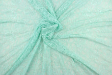 Load image into Gallery viewer, This lace features a floral design in a beautiful mint green with a stretch. 
