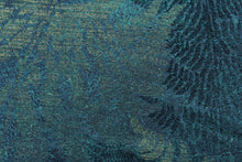 Load image into Gallery viewer,  Fern Garden is a multi use jacquard fabric featuring a large scale fern design in deep sea green with gold metallic highlights.  It is durable with 27,000 double rubs and would be great for light upholstery, bedding, cornice boards, accent pillows and window treatments
