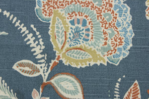 Malaya features a large scale floral design in shades of blue, cream, rust and dark beige.  It can be used for several different statement projects including window accents (drapery, curtains and swags), decorative pillows, hand bags, bed skirts, duvet covers, upholstery and craft projects.  It has a soft workable feel yet is stable and durable with 15,000 double rubs.