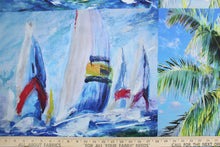 Load image into Gallery viewer, This fabric features a sail boat, fish , and palm tree in vibrant red, blue, green, purple, turquoise, teal, black and white.

