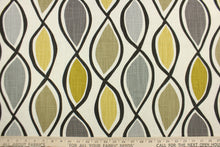 Load image into Gallery viewer, This fabric features a geometric design in mustard yellow, gray, taupe, off white and black. 
