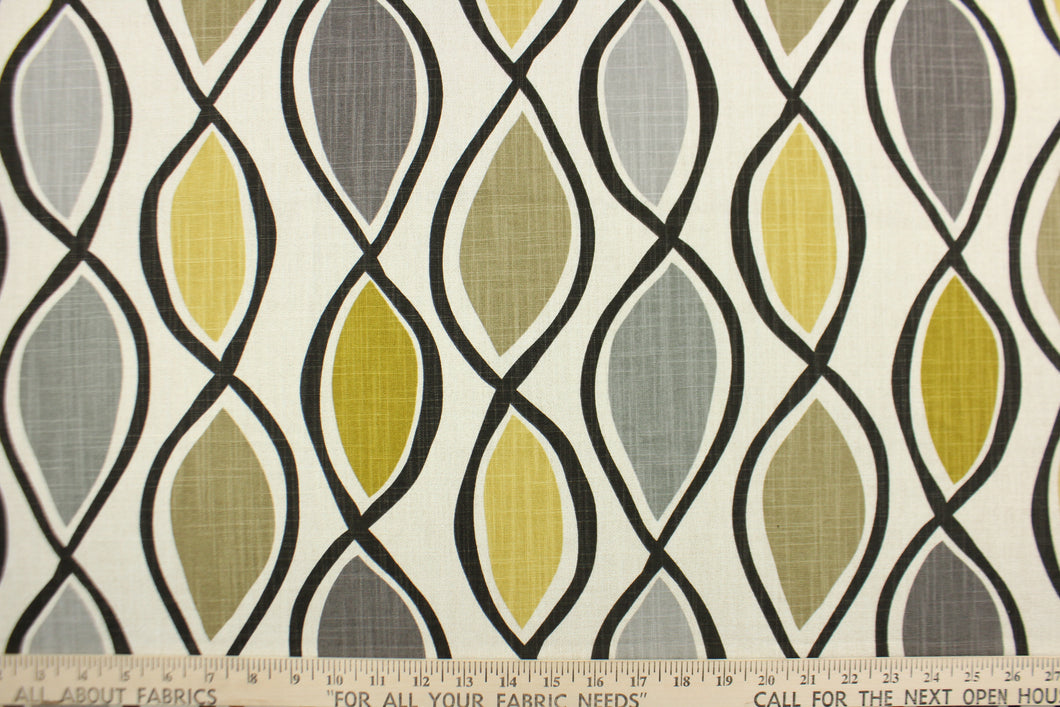 This fabric features a geometric design in mustard yellow, gray, taupe, off white and black. 