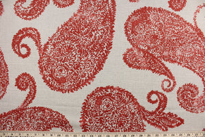 This fabric features a large scale paisley design in red against a stone background.  The multi use fabric is perfect for window treatments, decorative pillows, custom cushions, bedding, upholstery applications and almost any craft project.  This fabric has a soft workable feel yet is stable and durable with 12,000 double rubs.
