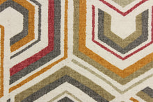 Load image into Gallery viewer,  This fabric features a contemporary geometric design in taupe, beige, gray, orange, red, and off white. 
