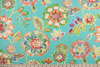 This fabric features a large floral design and is perfect for any project where the fabric will be exposed to the weather.  Able to resist stains and water, and has a rating of 10,000 double rubs, UV tested and can withstand 500 hours of direct sunlight  Uses include cushions, tablecloths, upholstery projects, decorative pillows and craft projects. This fabric has a slightly stiff feel but is easy to work with.  Colors include opal, orange, green, pink, yellow and blue.