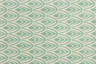 This fabric features a geometric design in a beautiful seafoam or spa green and natural .