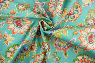 This fabric features a large floral design and is perfect for any project where the fabric will be exposed to the weather.  Able to resist stains and water, and has a rating of 10,000 double rubs, UV tested and can withstand 500 hours of direct sunlight  Uses include cushions, tablecloths, upholstery projects, decorative pillows and craft projects. This fabric has a slightly stiff feel but is easy to work with.  Colors include opal, orange, green, pink, yellow and blue.