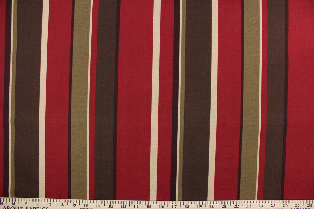 Monserrat is an outdoor fabric featuring multi width stripes in shades of brown, beige and dark red.  It is perfect for outdoor settings or indoors in a sunny room.  Solarium fabrics can withstand up to 500 hours of sunlight, water and stain resistant and has a rating of 10,000 double rubs.  Uses include toss pillows, cushions, upholstery, pool furniture, tote bags and more.