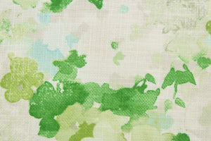 Fleurie is a multipurpose, watercolor, floral design on a linen and cotton print cloth with woven small basket weaves that add texture to the design.  Colors included are shades of green, light blue, light taupe and antique white. 