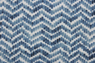 Elements is a polyester fabric that features a zig zag design in a vibrant blue and white color palette.  The versatile fabric is perfect for window accents (draperies, valances, curtains and swags) cornice boards, accent pillows, bedding, headboards, cushions, ottomans, slipcovers and upholstery.  