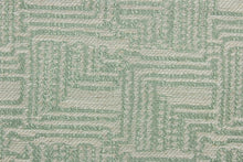 Load image into Gallery viewer,  Infinity is a multi use jacquard fabric featuring a diamond maize design in juniper green and pearl.  It is durable with 51,000 double rubs and would be great for upholstery, bedding, cornice boards, accent pillows and window treatments.
