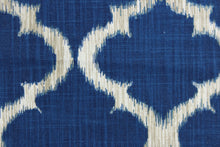 Load image into Gallery viewer, This fabric features a geometric design in rich blue, white and taupe.
