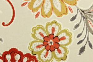 This fabric features a floral design in mustard, orange, taupe, gray, cream, black, beige, and brown.