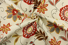 Load image into Gallery viewer, This fabric features a floral design in mustard, orange, taupe, gray, cream, black, beige, and brown.

