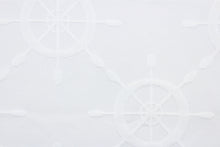 Load image into Gallery viewer, Ships Wheel matelassé fabric in chalk white features a captain&#39;s wheel design.  It is durable with 15,000 double rubs and would be great for upholstery, bedding, cornice boards, accent pillows and window treatments.
