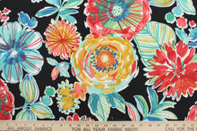 Load image into Gallery viewer, This Solarium outdoor decorative print features a large floral design in the colors of red, dark yellow, blue, white and green on a black background.  This versatile, long-lasting fabric can withstand up to 500 hours of sunlight, water and stain resistant and has 10,000 double rubs.  It is perfect for lounge cushions, pool furniture, tablecloths, decorative pillows and upholstery projects.  This fabric has a slightly stiff feel but is easy to work with.  
