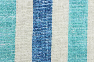 This Solarium outdoor decorative print features stripes in denim blue, teal and linen.  This versatile, long-lasting fabric can withstand up to 500 hours of sunlight, water and stain resistant and has 10,000 double rubs.  It is perfect for lounge cushions, pool furniture, tablecloths, decorative pillows and upholstery projects.  This fabric has a slightly stiff feel but is easy to work with.  