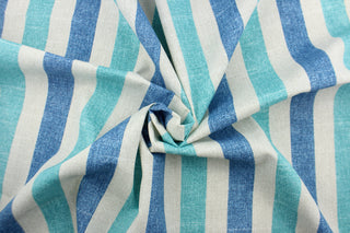 This Solarium outdoor decorative print features stripes in denim blue, teal and linen.  This versatile, long-lasting fabric can withstand up to 500 hours of sunlight, water and stain resistant and has 10,000 double rubs.  It is perfect for lounge cushions, pool furniture, tablecloths, decorative pillows and upholstery projects.  This fabric has a slightly stiff feel but is easy to work with.  