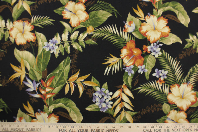 This Solarium outdoor decorative print features a large tropical floral design in the colors of beige, tan, green, brown, orange and purple on a black background. This versatile, long-lasting fabric can withstand up to 500 hours of sunlight, water and stain resistant and has 10,000 double rubs.  It is perfect for lounge cushions, pool furniture, tablecloths, decorative pillows and upholstery projects.  This fabric has a slightly stiff feel but is easy to work with.  
