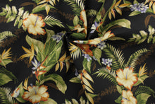 Load image into Gallery viewer, This Solarium outdoor decorative print features a large tropical floral design in the colors of beige, tan, green, brown, orange and purple on a black background. This versatile, long-lasting fabric can withstand up to 500 hours of sunlight, water and stain resistant and has 10,000 double rubs.  It is perfect for lounge cushions, pool furniture, tablecloths, decorative pillows and upholstery projects.  This fabric has a slightly stiff feel but is easy to work with.  
