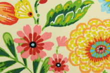 Load image into Gallery viewer, This Solarium outdoor decorative print features a large floral theme in beige, red, pink, blue, mustard, white, green and orange.  This versatile, long-lasting fabric can withstand up to 500 hours of sunlight, water and stain resistant and has 10,000 double rubs.  It is perfect for lounge cushions, pool furniture, tablecloths, decorative pillows and upholstery projects.  This fabric has a slightly stiff feel but is easy to work with.  
