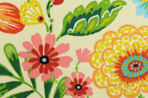 This Solarium outdoor decorative print features a large floral theme in beige, red, pink, blue, mustard, white, green and orange.  This versatile, long-lasting fabric can withstand up to 500 hours of sunlight, water and stain resistant and has 10,000 double rubs.  It is perfect for lounge cushions, pool furniture, tablecloths, decorative pillows and upholstery projects.  This fabric has a slightly stiff feel but is easy to work with.  