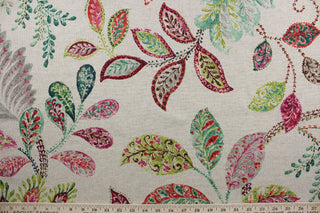 Autumn Leaves is a stylish and vibrant fabric featuring a large floral print with a vine leaf scroll.  The striking color palette is composed of magenta, green, fuchsia, red, gray, orange, and brown on an ivory background.  It offers a soil and stain repellant finish to make cleaning a breeze.  It can be used for several different statement projects including window accents (drapery, curtains and swags), decorative pillows, hand bags, bed skirts, duvet covers, upholstery and craft projects.  
