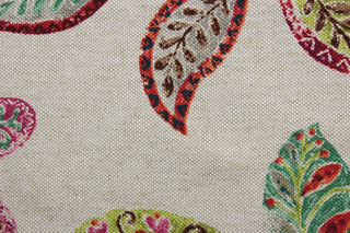 Autumn Leaves is a stylish and vibrant fabric featuring a large floral print with a vine leaf scroll.  The striking color palette is composed of magenta, green, fuchsia, red, gray, orange, and brown on an ivory background.  It offers a soil and stain repellant finish to make cleaning a breeze.  It can be used for several different statement projects including window accents (drapery, curtains and swags), decorative pillows, hand bags, bed skirts, duvet covers, upholstery and craft projects.  