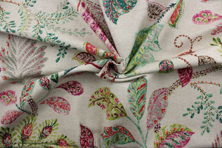 Autumn Leaves is a stylish and vibrant fabric featuring a large floral print with a vine leaf scroll.  The striking color palette is composed of magenta, green, fuchsia, red, gray, orange, and brown on an ivory background.  It offers a soil and stain repellant finish to make cleaning a breeze.  It can be used for several different statement projects including window accents (drapery, curtains and swags), decorative pillows, hand bags, bed skirts, duvet covers, upholstery and craft projects.  