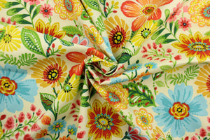 This Solarium outdoor decorative print features a large floral theme in beige, red, pink, blue, mustard, white, green and orange.  This versatile, long-lasting fabric can withstand up to 500 hours of sunlight, water and stain resistant and has 10,000 double rubs.  It is perfect for lounge cushions, pool furniture, tablecloths, decorative pillows and upholstery projects.  This fabric has a slightly stiff feel but is easy to work with.  