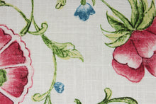 Load image into Gallery viewer, Roundelay offers a timeless floral and vine print with hints of blue, shades of pink and green against an off white background.  The fabric is soil and stain repellant, protecting against everyday wear and tear for a long lasting look.  The versatile fabric is perfect for window accents (draperies, valances, curtains and swags) cornice boards, accent pillows, bedding, headboards, cushions, ottomans, slipcovers and light duty upholstery.  

