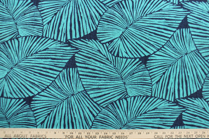 This Solarium outdoor decorative print features a large leaf design in turquoise and navy blue.  This versatile, long-lasting fabric can withstand up to 500 hours of sunlight, water and stain resistant and has 10,000 double rubs.  It is perfect for lounge cushions, pool furniture, tablecloths, decorative pillows and upholstery projects.  This fabric has a slightly stiff feel but is easy to work with.  
