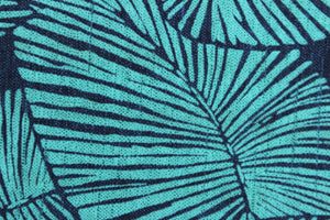 This Solarium outdoor decorative print features a large leaf design in turquoise and navy blue.  This versatile, long-lasting fabric can withstand up to 500 hours of sunlight, water and stain resistant and has 10,000 double rubs.  It is perfect for lounge cushions, pool furniture, tablecloths, decorative pillows and upholstery projects.  This fabric has a slightly stiff feel but is easy to work with.  