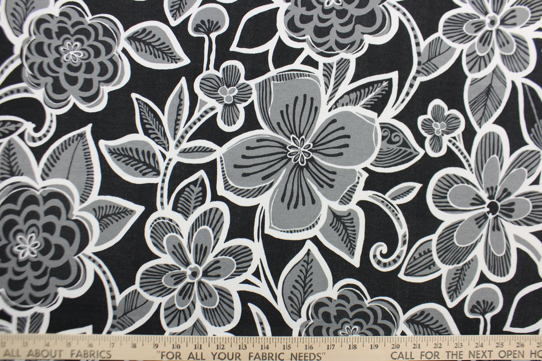 This Solarium outdoor decorative print features a large floral design in black, white and gray.  This versatile, long-lasting fabric can withstand up to 500 hours of sunlight, water and stain resistant and has 10,000 double rubs.  It is perfect for lounge cushions, pool furniture, tablecloths, decorative pillows and upholstery projects.  This fabric has a slightly stiff feel but is easy to work with.  