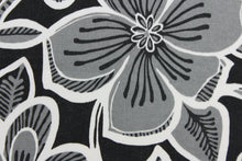 Load image into Gallery viewer, This Solarium outdoor decorative print features a large floral design in black, white and gray.  This versatile, long-lasting fabric can withstand up to 500 hours of sunlight, water and stain resistant and has 10,000 double rubs.  It is perfect for lounge cushions, pool furniture, tablecloths, decorative pillows and upholstery projects.  This fabric has a slightly stiff feel but is easy to work with.  
