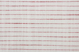 This multi purpose fabric features a woven half inch red stripe against an off white background.  It offers beautiful design, style and color to any space in your home.  It has a soft workable feel and is durable with 51,000 double rubs and has a soil and stain resistant finish.  Perfect for window treatments (draperies, valances, curtains, and swags), upholstery, cornice boards, accent pillows and home décor.