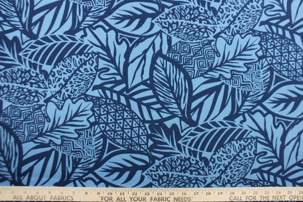 This Solarium outdoor decorative print features large tropical leaves in duo-tone blue.  This versatile, long-lasting fabric can withstand up to 500 hours of sunlight, water and stain resistant and has 10,000 double rubs.  It is perfect for lounge cushions, pool furniture, tablecloths, decorative pillows and upholstery projects.  This fabric has a slightly stiff feel but is easy to work with.  
