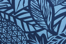 Load image into Gallery viewer, This Solarium outdoor decorative print features large tropical leaves in duo-tone blue.  This versatile, long-lasting fabric can withstand up to 500 hours of sunlight, water and stain resistant and has 10,000 double rubs.  It is perfect for lounge cushions, pool furniture, tablecloths, decorative pillows and upholstery projects.  This fabric has a slightly stiff feel but is easy to work with.  
