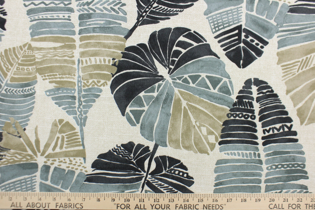 This Solarium outdoor decorative print features a large tropical leaf design in black, taupe and gray.  This versatile, long-lasting fabric can withstand up to 500 hours of sunlight, water and stain resistant and has 10,000 double rubs.  It is perfect for lounge cushions, pool furniture, tablecloths, decorative pillows and upholstery projects.  This fabric has a slightly stiff feel but is easy to work with.  
