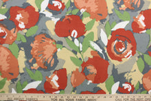 Load image into Gallery viewer, This Solarium outdoor decorative print features a large watercolor floral design in green, gray, white, tan and orange.  This versatile, long-lasting fabric can withstand up to 500 hours of sunlight, water and stain resistant and has 10,000 double rubs.  It is perfect for lounge cushions, pool furniture, tablecloths, decorative pillows and upholstery projects.  This fabric has a slightly stiff feel but is easy to work with.  
