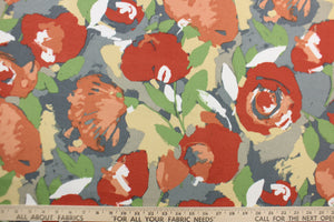 This Solarium outdoor decorative print features a large watercolor floral design in green, gray, white, tan and orange.  This versatile, long-lasting fabric can withstand up to 500 hours of sunlight, water and stain resistant and has 10,000 double rubs.  It is perfect for lounge cushions, pool furniture, tablecloths, decorative pillows and upholstery projects.  This fabric has a slightly stiff feel but is easy to work with.  