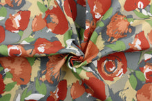 Load image into Gallery viewer, This Solarium outdoor decorative print features a large watercolor floral design in green, gray, white, tan and orange.  This versatile, long-lasting fabric can withstand up to 500 hours of sunlight, water and stain resistant and has 10,000 double rubs.  It is perfect for lounge cushions, pool furniture, tablecloths, decorative pillows and upholstery projects.  This fabric has a slightly stiff feel but is easy to work with.  
